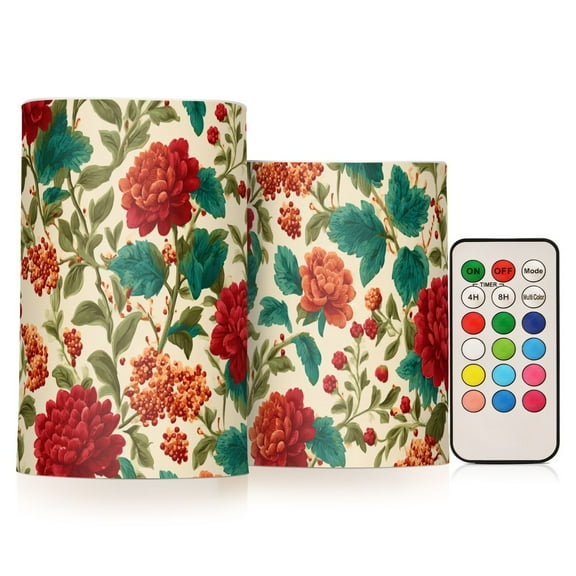 Flowers Bright Red Flickering Flameless Candles Battery Operated with Remote Timer LED Pillar Candles Set of 2