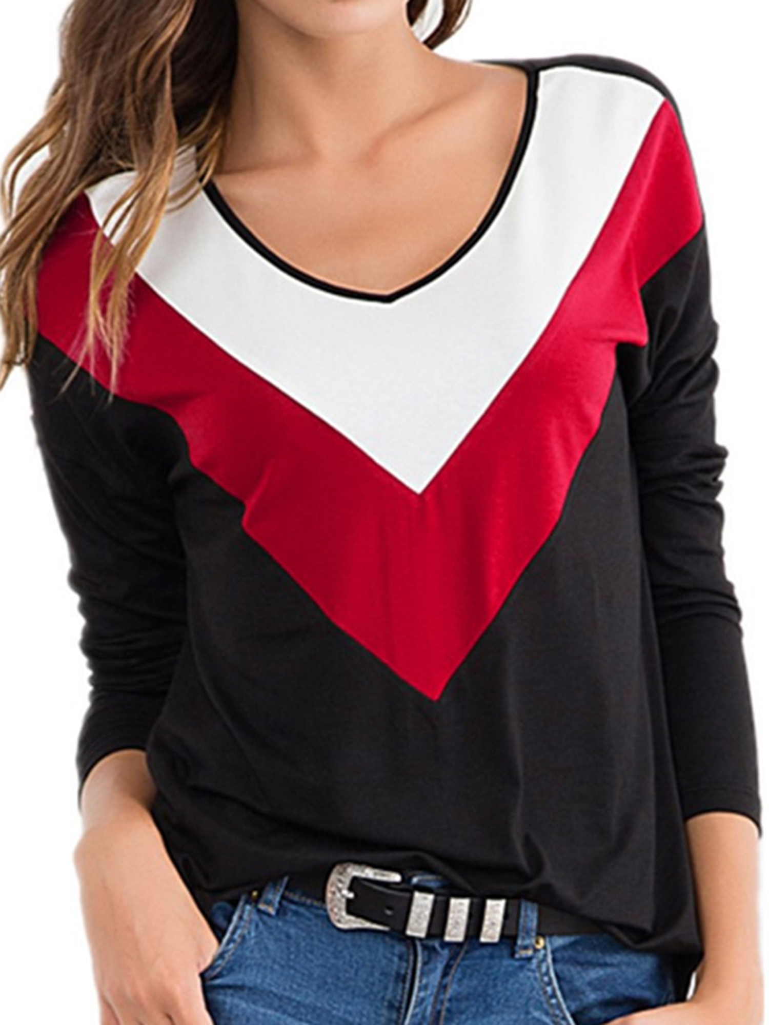 UPAIRC Women's Patchwork Casual V Neck Plus Size Baggy Long Sleeve