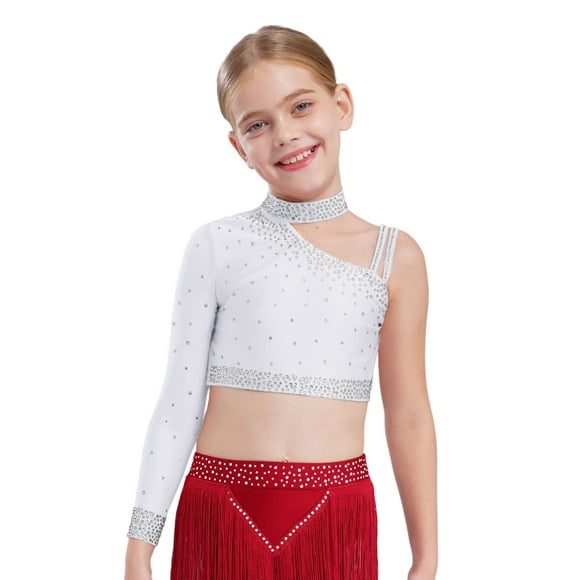 Hansber Kids Girls Shiny Rhinestone Irregular Shoulder Ballet Jazz Modern Lyrical Dance Crop Tops White 12