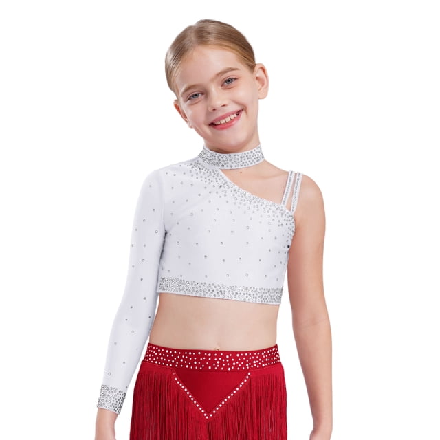 Manyakai Kids Girls Shiny Rhinestone Jazz Latin Modern Lyrical Dance Crop Tops Irregular Shoulder White 16