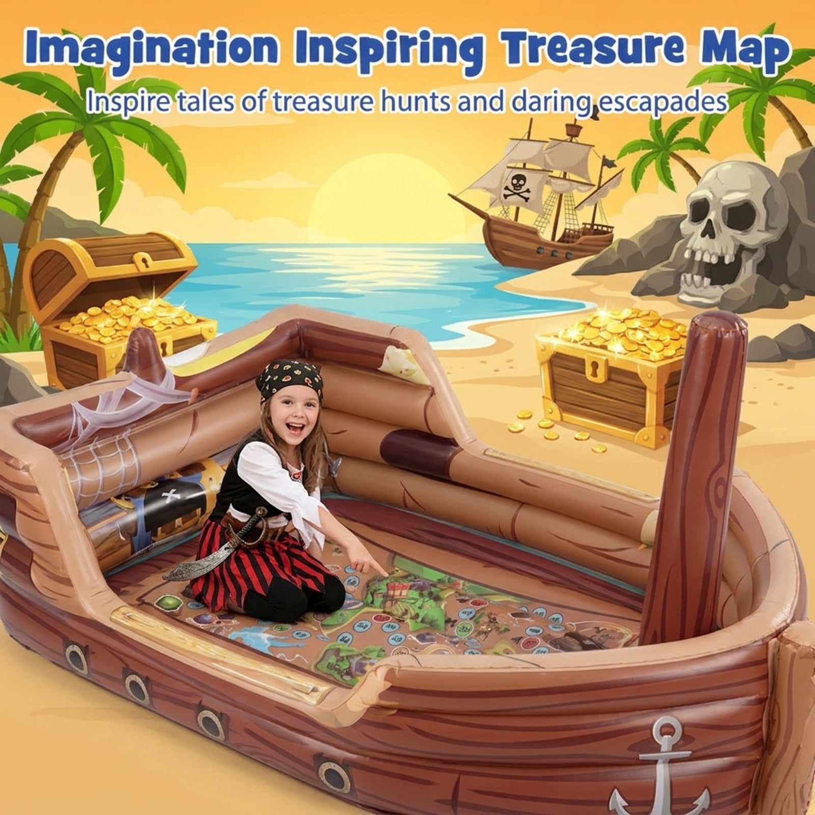 Redsmile Inflatable Pirate Ship Playhouse for Toddlers, Indoor Playground with Built-in Motor, Toy Sword and Pirate Hat, Kids Play Tent for 2 Kids 3+, Christmas Gift, Brown