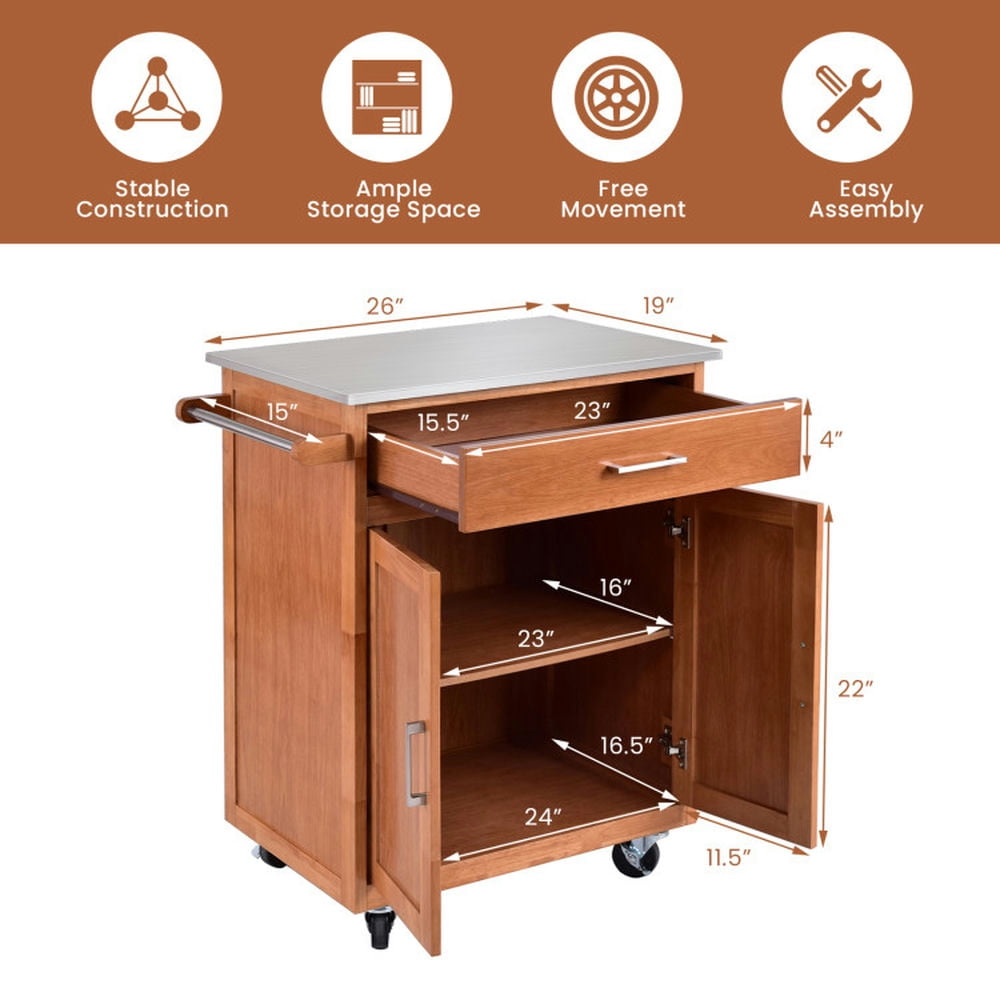 Finihen Rolling Storage Cabinet Cart, Kitchen Island Cart, Wooden Kitchen Rolling Storage Cabinet with Stainless Steel Top, for Kitchen, Dining Room, Brown Finihen Rolling Storage Cabinet Cart, Kitchen Island Cart, Wooden Kitchen Rolling Storage Cabinet with Stainless Steel Top, for Kitchen, Dining Room, Brown