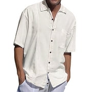 Yobecho Men's Linen Cuban Guayabera Shirt Short Sleeve Casual Summer