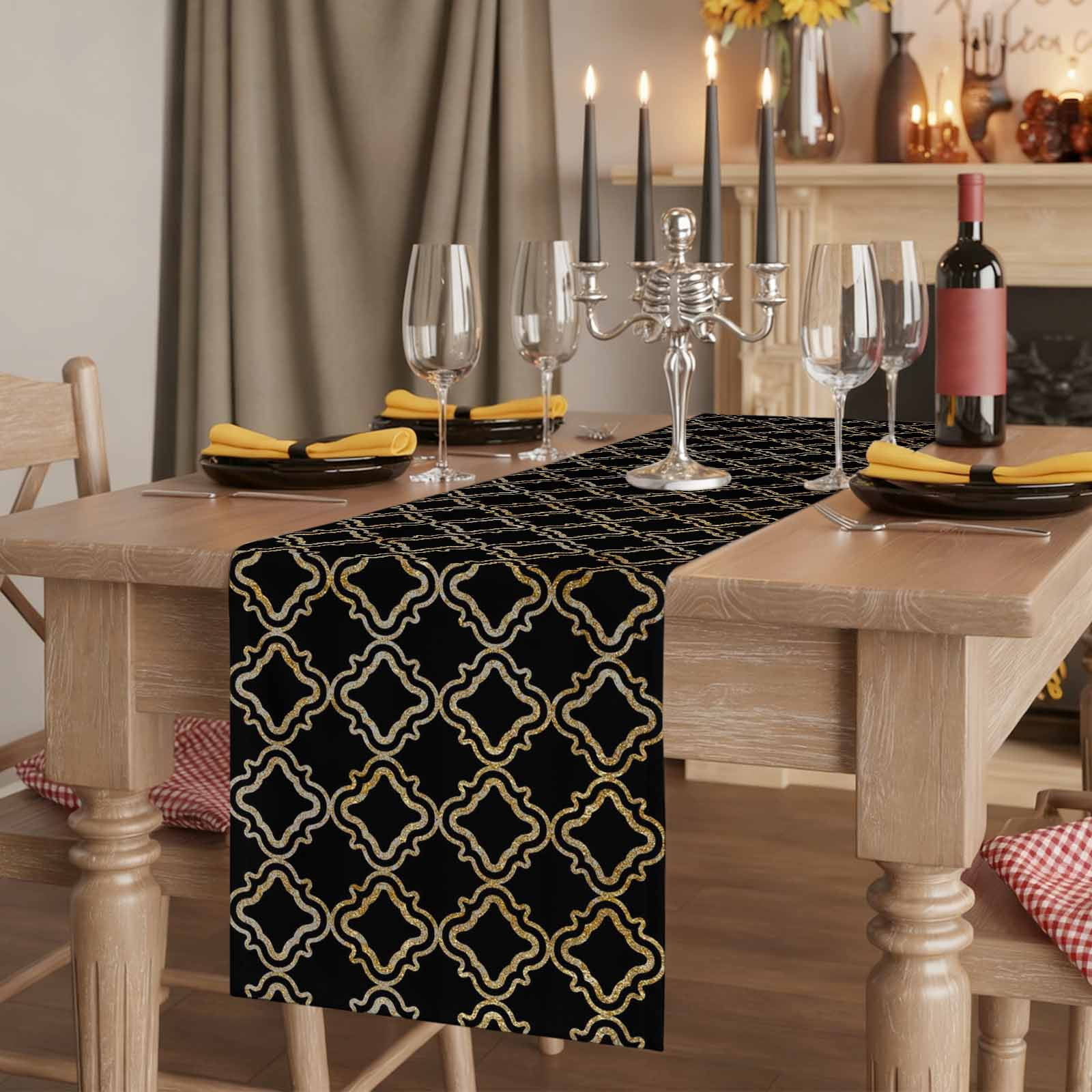 Abstract Geometric Table Runner 18x72 Inch Modern Gold and Black Retro Plaid Texture Cotton Linen Dining Table Runner Ideal for Dresser Kitchen Coffee Tables - Machine Washable