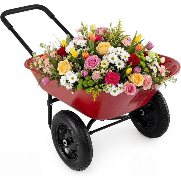 Enlarged Dual-Wheel Wheelbarrow, Easy Loading and Dumping Garden Cart, Heavy Duty Utility Dump Cart for Lawn, Yard, Farm, Gardening & Planting (Red)