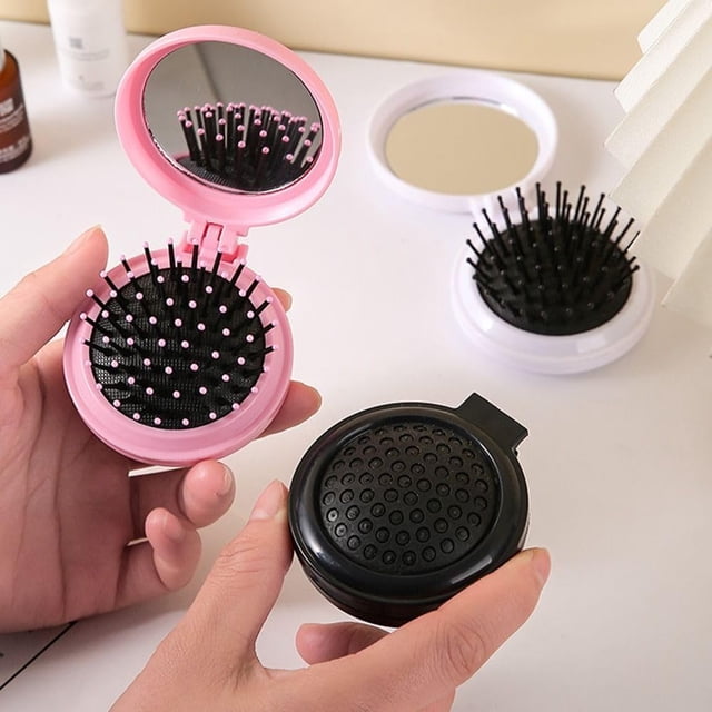 2 cepillos de pelo plegables de viaje con espejo, redondo, portátil, plegable, cepillo de pelo de bolsillo, mini masaje de cabello, espejo compacto con peine, tamaño de viaje para hombres, mujeres y n