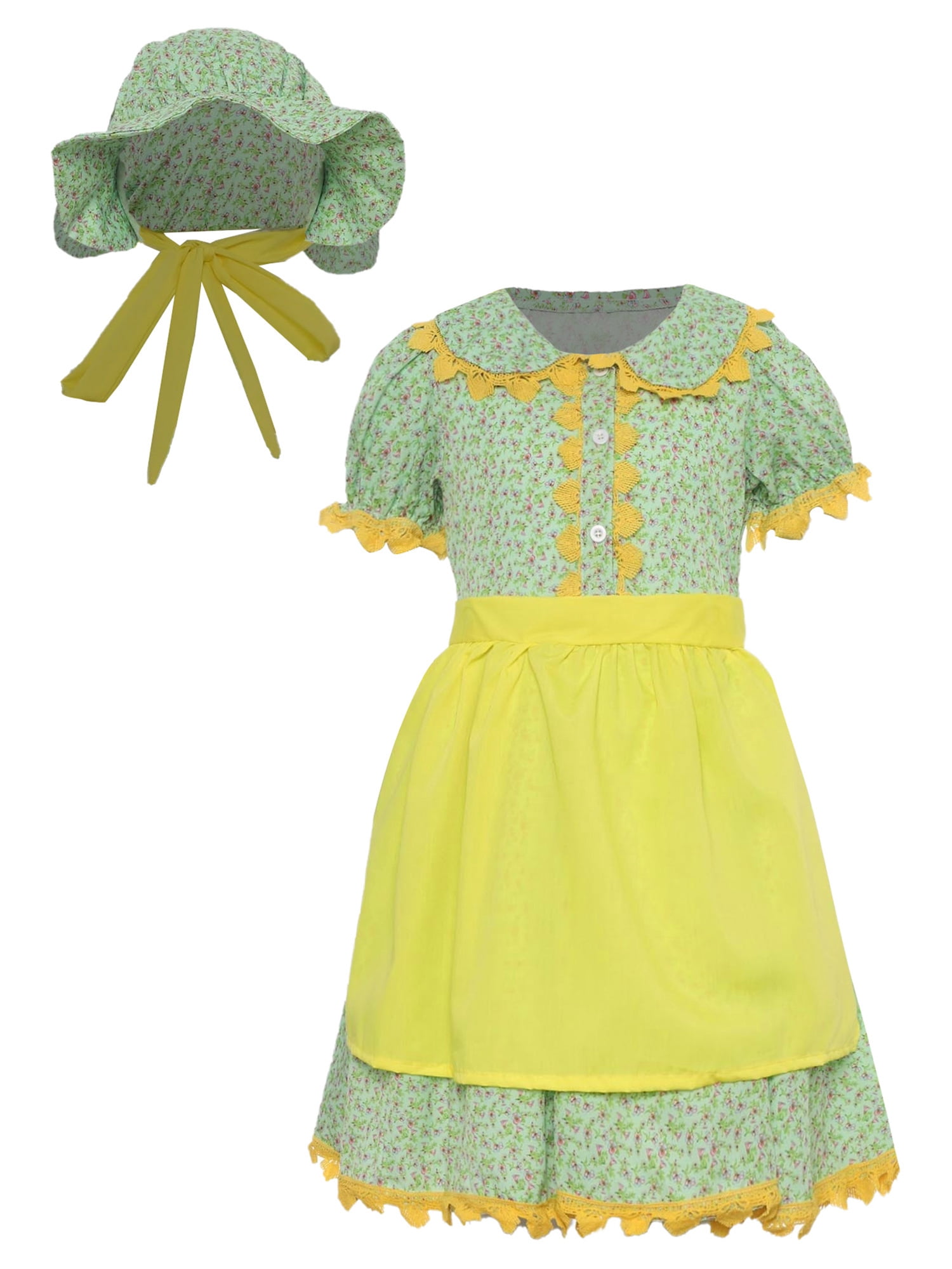 RUNQHUI Robe Florale Coloniale pour Filles avec Tablier et Bonnet Tenue de Prairie Verte pour Enfants pour Fête de Pionniers Vert m