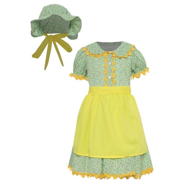 RUNQHUI Robe Florale Coloniale pour Filles avec Tablier et Bonnet Tenue de Prairie Verte pour Enfants pour Fête de Pionniers Vert m