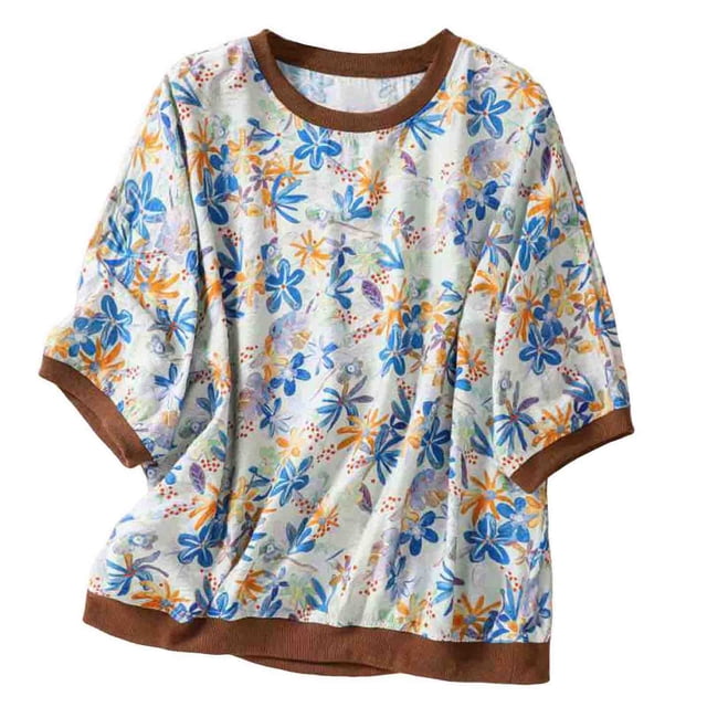 Camisas de Manga Corta para las Mujeres Cuello Redondo Impreso Camisa Suelta con Tres Cuartos de Mangas Casual Top