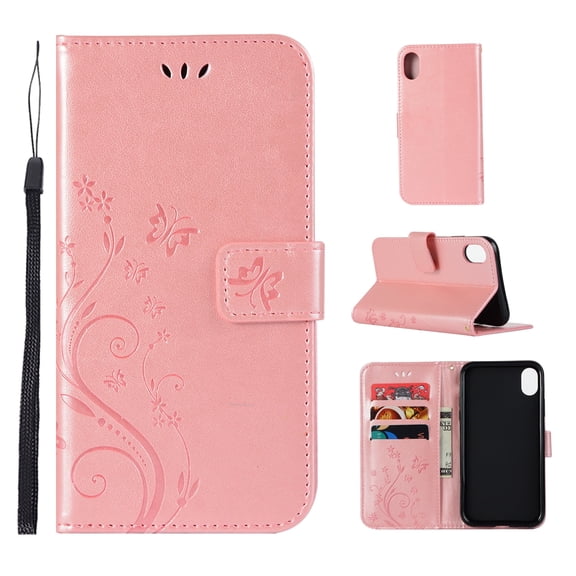 iPhone X Case, iPhone XS Case - Allytech Premium Wallet PU Leather with Fashion Embossed Flower Magnetic Clasp Card Holders Flip Cover with Hand Strap, Rosegold