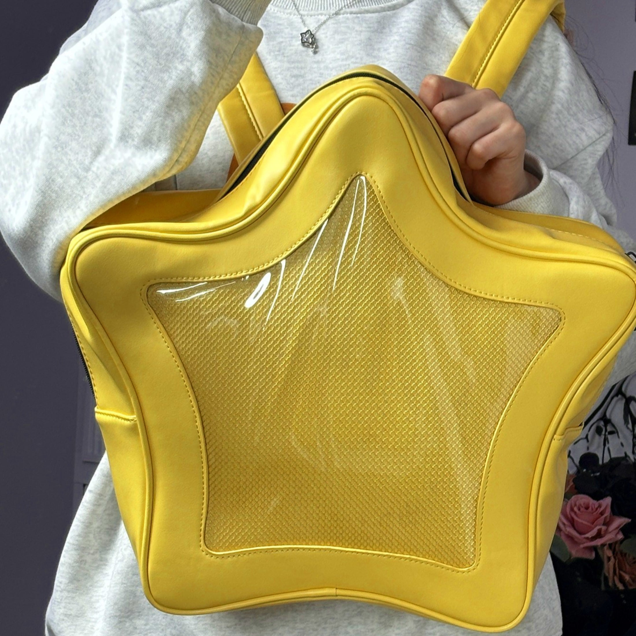 Yellow Star Kawaii Backpack PU Leather Ita Bag Backpack Y2k Shoulder Bag Aesthetic Cute Backpack