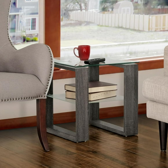 Caleb Grey Wood Side End Table with Glass Shelf