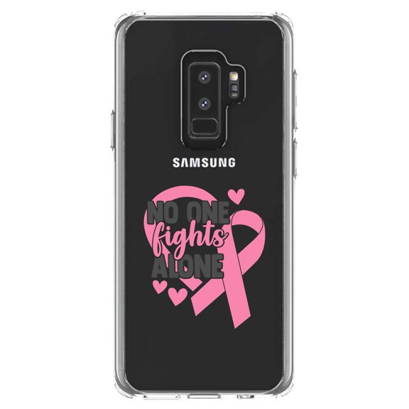 DistinctInk Clear Shockproof Hybrid Case for Samsung Galaxy S9  PLUS (6.2" Screen) - TPU Bumper Acrylic Back Tempered Glass Screen Protector - Pink Ribbon Cancer - No One Fights Alone