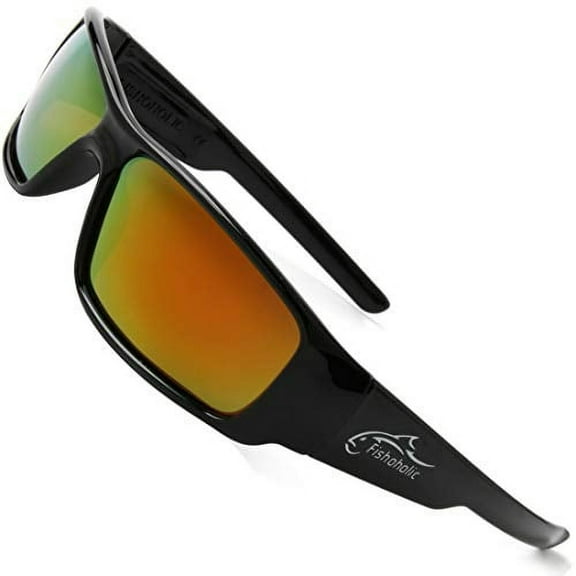 Fishoholic Polarized Fishing Sunglasses --5 Color Options-- w Case Pouch UV400 Fishing Gift (v: Gloss Black, FIRE)