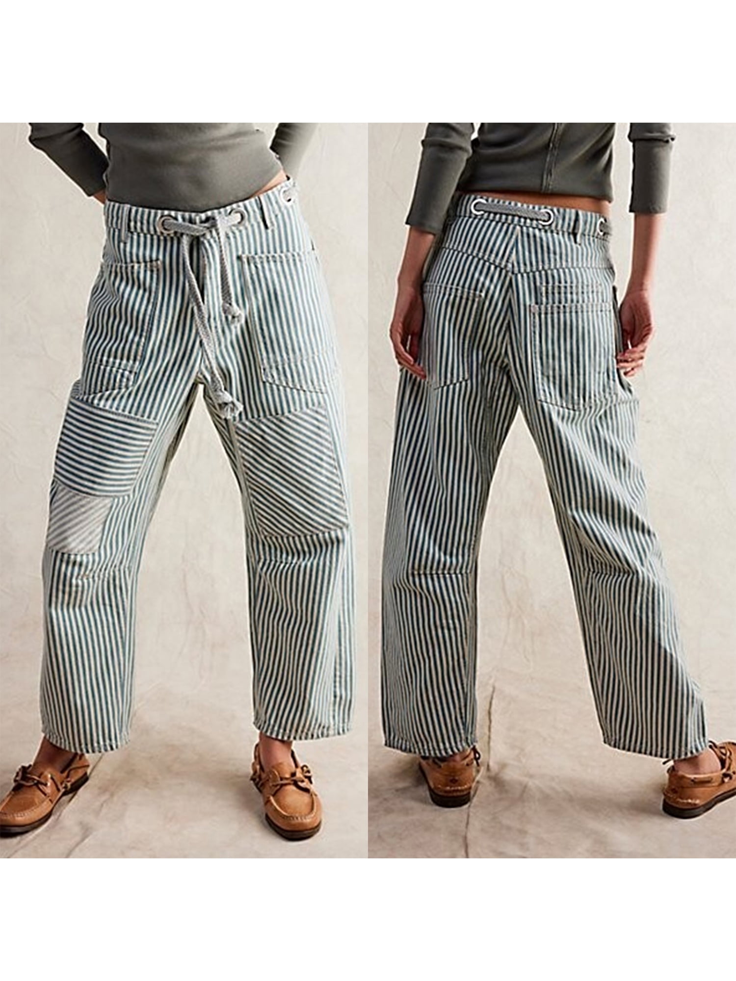 Women Striped Pants, Drawstring Patchwork Wide Leg Pants with Pockets - image 2