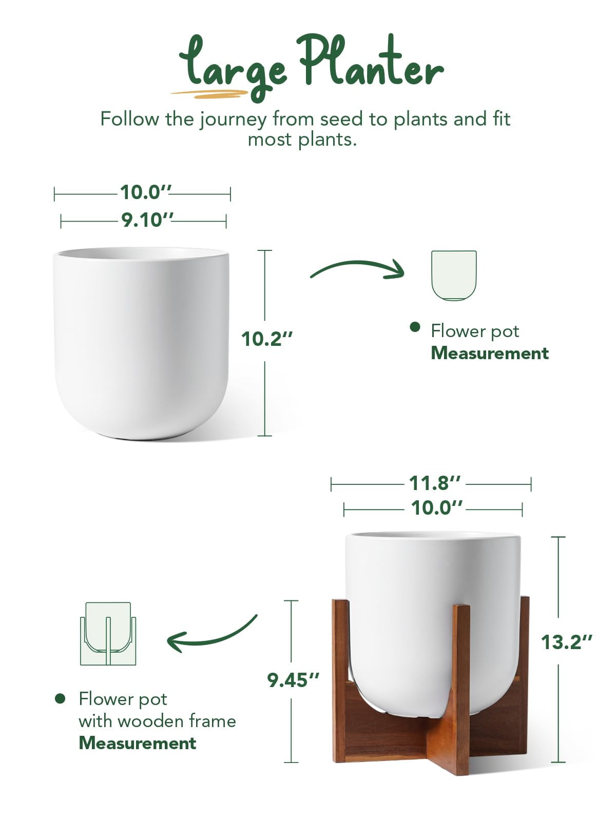 BEMAY 10inch  White Ceramic Plant Pot with Wood Stand, Indoor Planter with Drainage Hole and Plug, Modern Flower Pot for Houseplants, Living Room Decor
