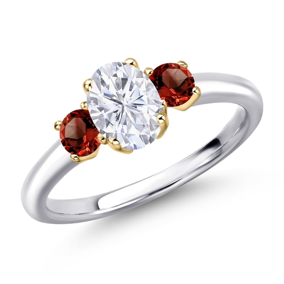 Gem Stone King 10K Two Tone Gold White Moissanite and Red Garnet Engagement Ring for Women | 1.30 Cttw | Oval 7X5MM | Gemstone Birthstone | Size 5