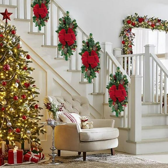 Cordless Pre - Lit Stairway Swag Trim, Christmas Swag Wreaths For Front Door Holiday Wall Window Stair Railings Hanging Decor, Indoor Outdoor Home Xmas Ornaments With Pre - Lit