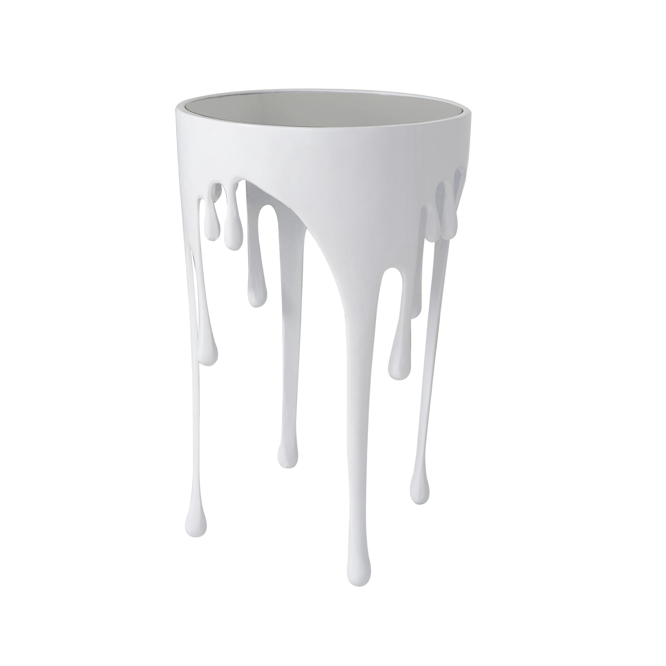 DecMode 16" x 25" White Aluminum Metal Drip Abstract Accent Table with Melting Designed Legs and Black Glass Top, 1-Piece