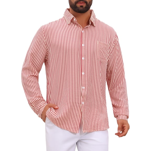 INSPIRE CHIC Men's Casual Long Sleeve Seersucker Striped Shirt with Chest Pocket M Red