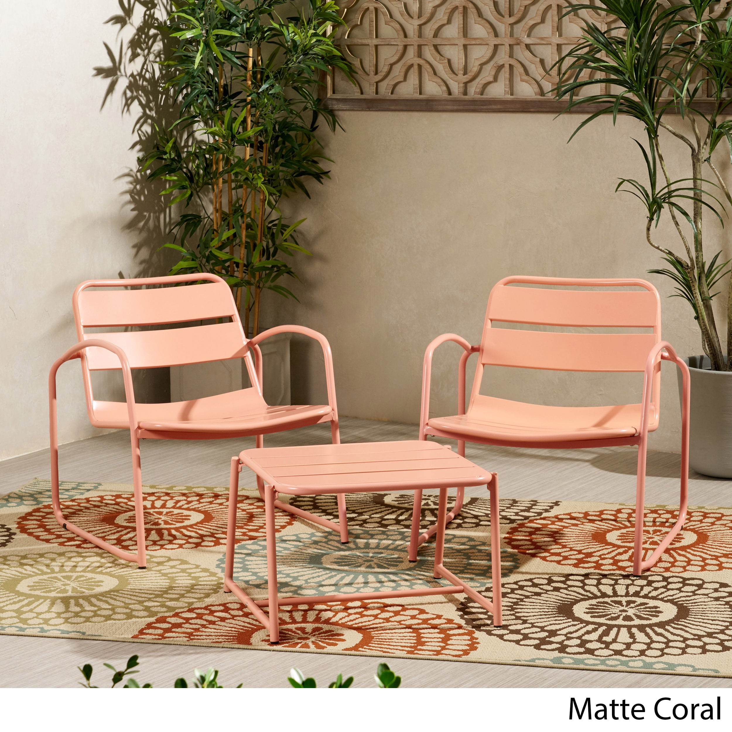 Calvert Outdoor Modern 2 Seater Iron Chat Set, Matte Coral