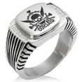 thumbnail image 1 of Stainless Steel Corsair Pirate Skull Emblem CZ Ribbed Needle Stripe Pattern Biker Style Polished Ring, 1 of 1