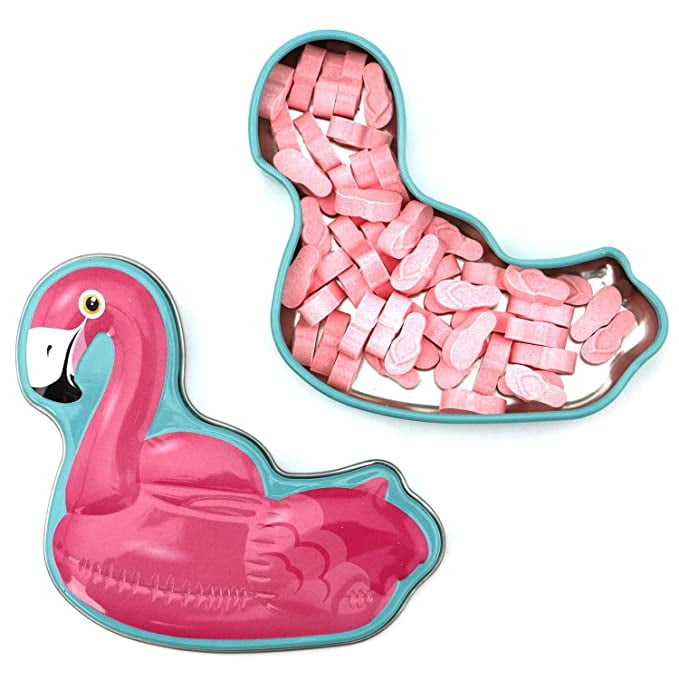 Boston America Flamingo Hard Candy Flip Flop Shaped Tin Strawberry Flavor Pink 12 Count 6 Oz
