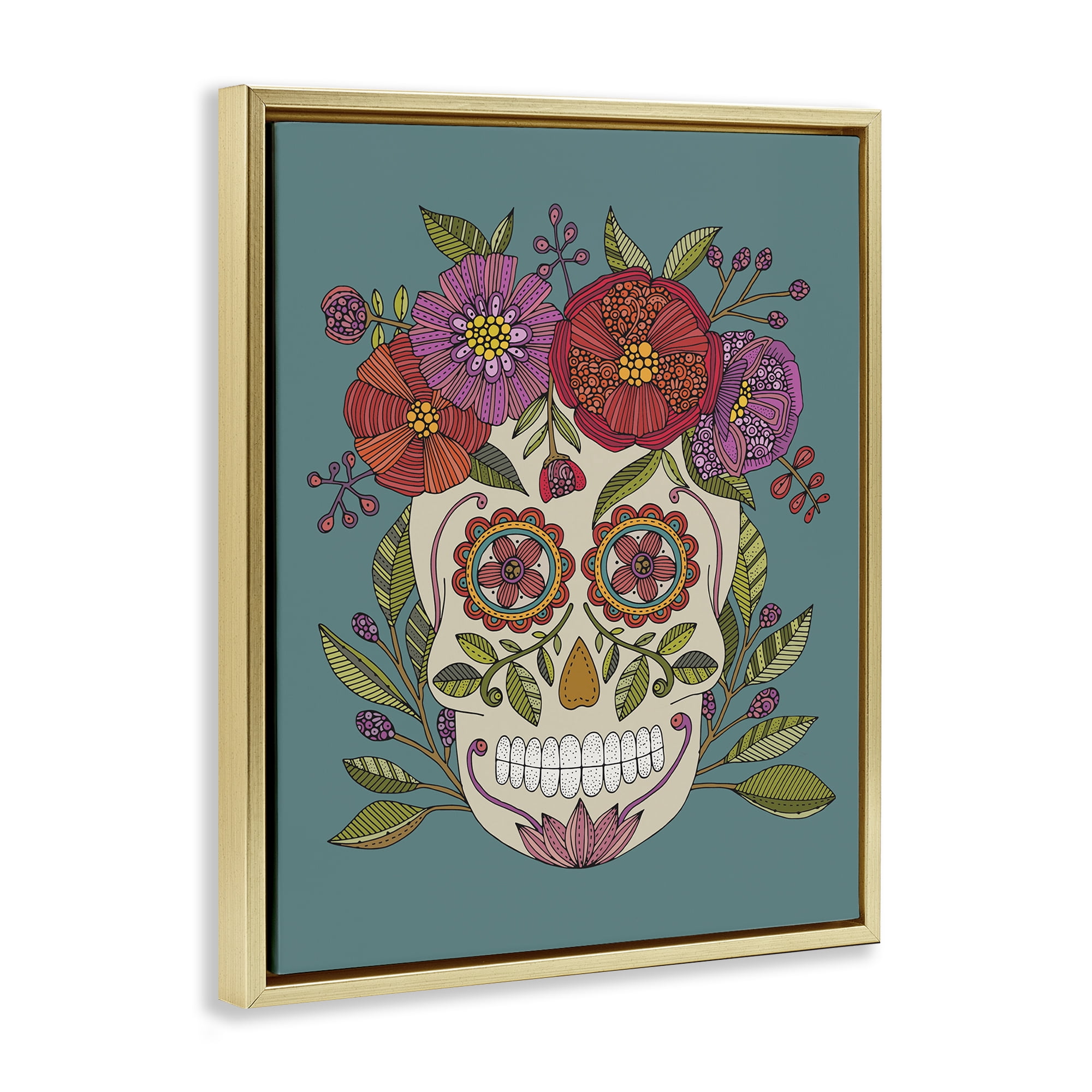 Stupell Industries Floral Sugar Skull Holiday Painting Gold Floater Framed Art Print Wall Art, 17 x 21
