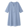 thumbnail image 5 of VBVC Women's Cotton Linen V Neck Tunic Dress , Casual 3/4 Sleeve Summer Shift Dress For Women , Ladies' Button Down Mini Dresses with Pockets,Light Blue,S-2XL, 5 of 5