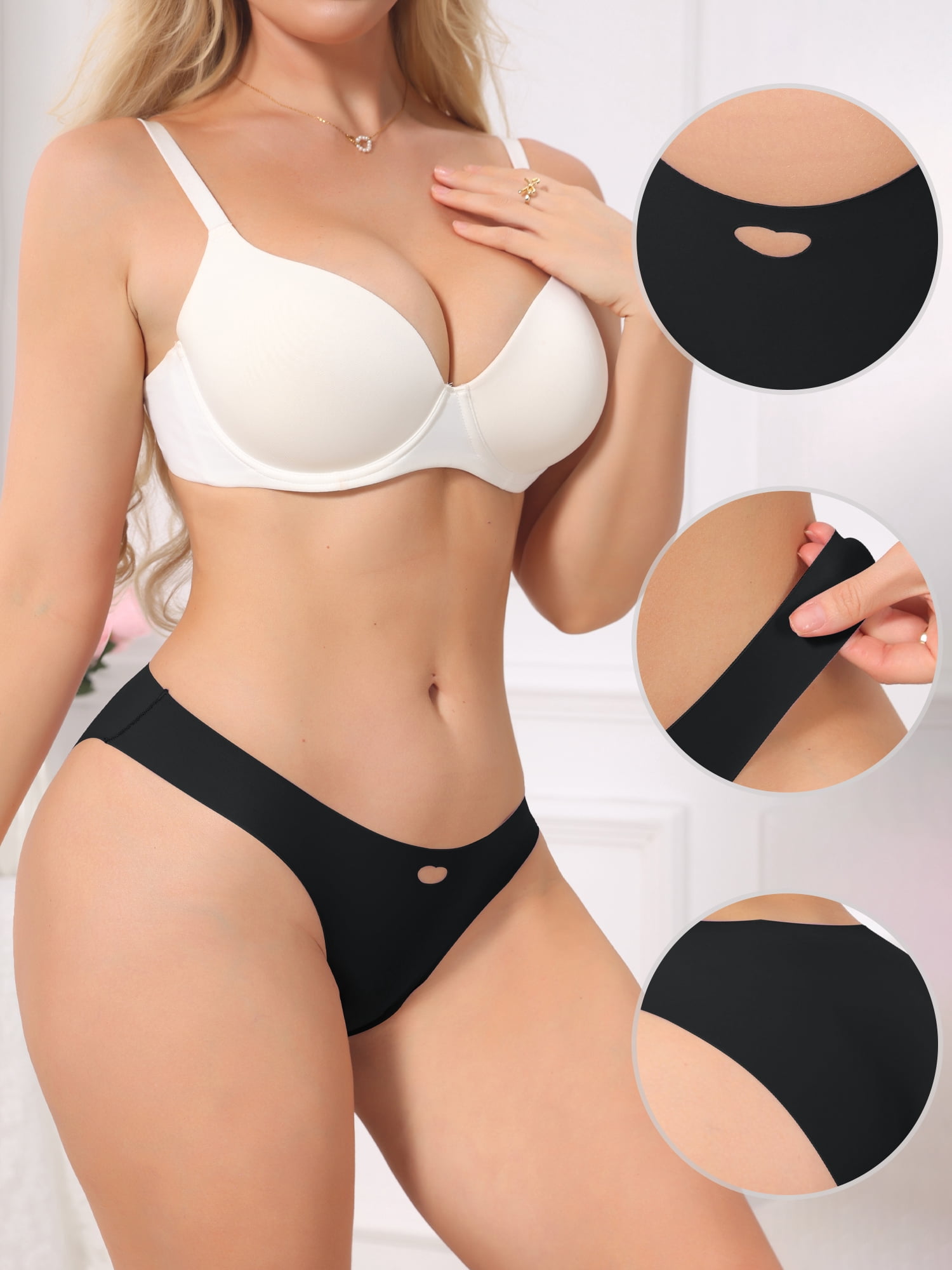 DARING DIVA Women's Seamless No Show Ice Silk Low Rise Bikini Heart Cutout Briefs L Black