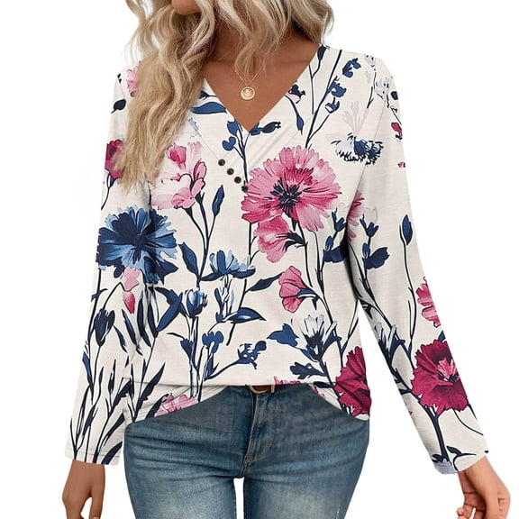 VgaVtl T Shirts for Women V-Neck Long Sleeve Plus Size Tops for Women Fancy Floral Holiday Regular White Dressy Shirts,XXL