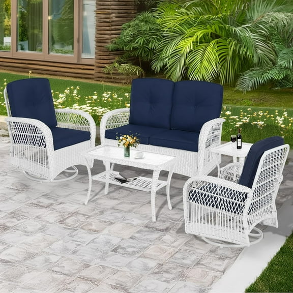MEETWARM 5 Pieces Outdoor Patio Rattan Furniture Sets, All Weather Patio Wicker Conversation Set - 2 Rocking Swivel Chairs 1 Rattan Loveseat Glider with Cushions, 2 Coffee Table, White Wicker/Navy