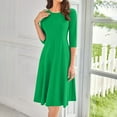 thumbnail image 2 of Qwertyu Womens Fall Dresses 3/4 Sleeve Crewneck Solid Color Midi Dress Trendy Casual Flowy Dresses for Women Green L, 2 of 5