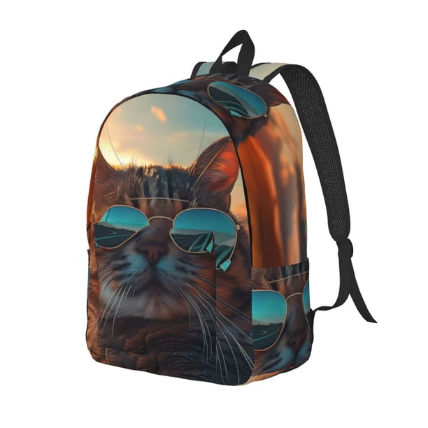 Easygdp Cool Cat Driving Sunset Mochila de Lona Resistente para Laptop, Compatible con Laptops de 15 a 17 pulgadas, Ideal para Escuela, Trabajo y Viajes-Medium