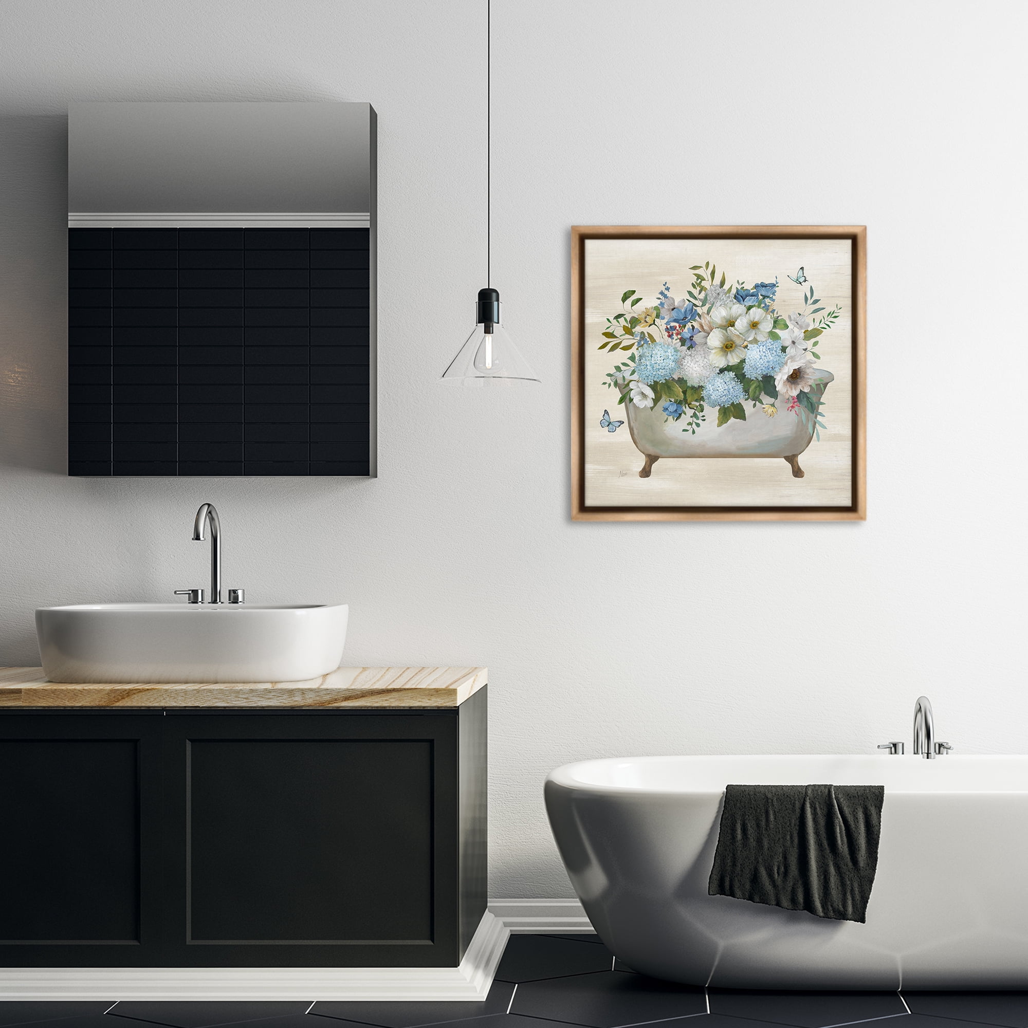Stupell Industries Full Hydrangea Bathtub Typography Painting Brown Floater Framed Canvas Art Print Wall Art, 25 x 25