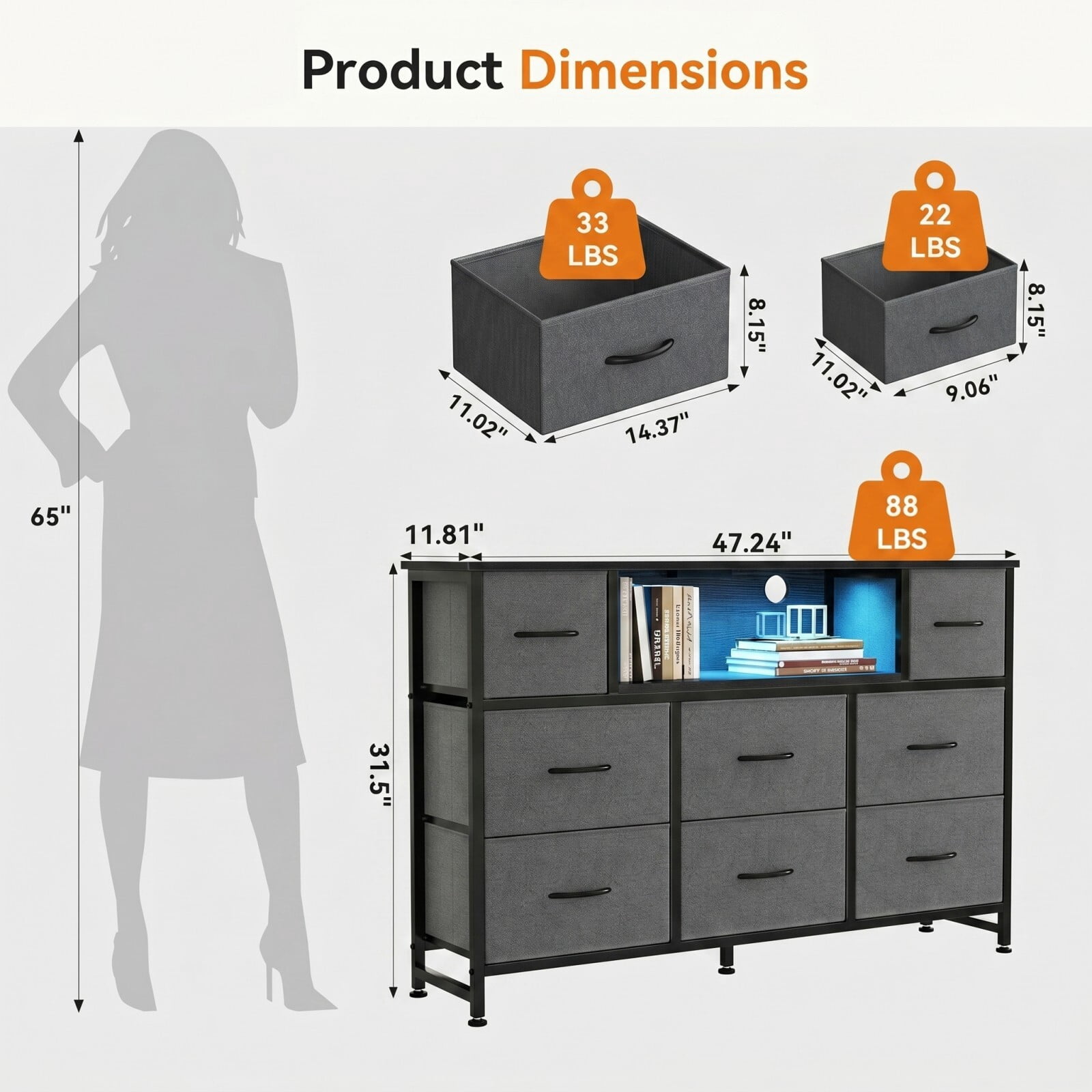 BEAUTYPEAK TV Stand Dresser with 8 Fabric Drawers LED Light Open Shelf AC & USB-C Charging Station, Gray