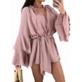 thumbnail image 3 of Women'S Layered Bell Sleeve Tie Neck Mini Dresses Ruffle Belted Tunic Dress Pink L, 3 of 9