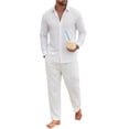 thumbnail image 2 of LEKWK Mens Linen Sets Lightweight 2 Piece Lounge Set Button Down Long Sleeve Shirt and Relaxed Pants Matching Outfits for Beach Vacation Travel, 2 of 5