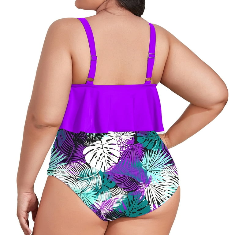 TOPIO Women Swimsuit Plus Size Swimsuit High Waisted Two Piece Flounce Bikini  Swimwear 