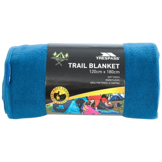 Trespass Picnic Travel Soft Touch Microfleece blanket measuring 120 x 180cm. This trail blanket features a soft touch, warm fleece material made from 100% polyester. The rolled-up blue blanket is shown with its packaging, which highlights its suitability for travel and camping.