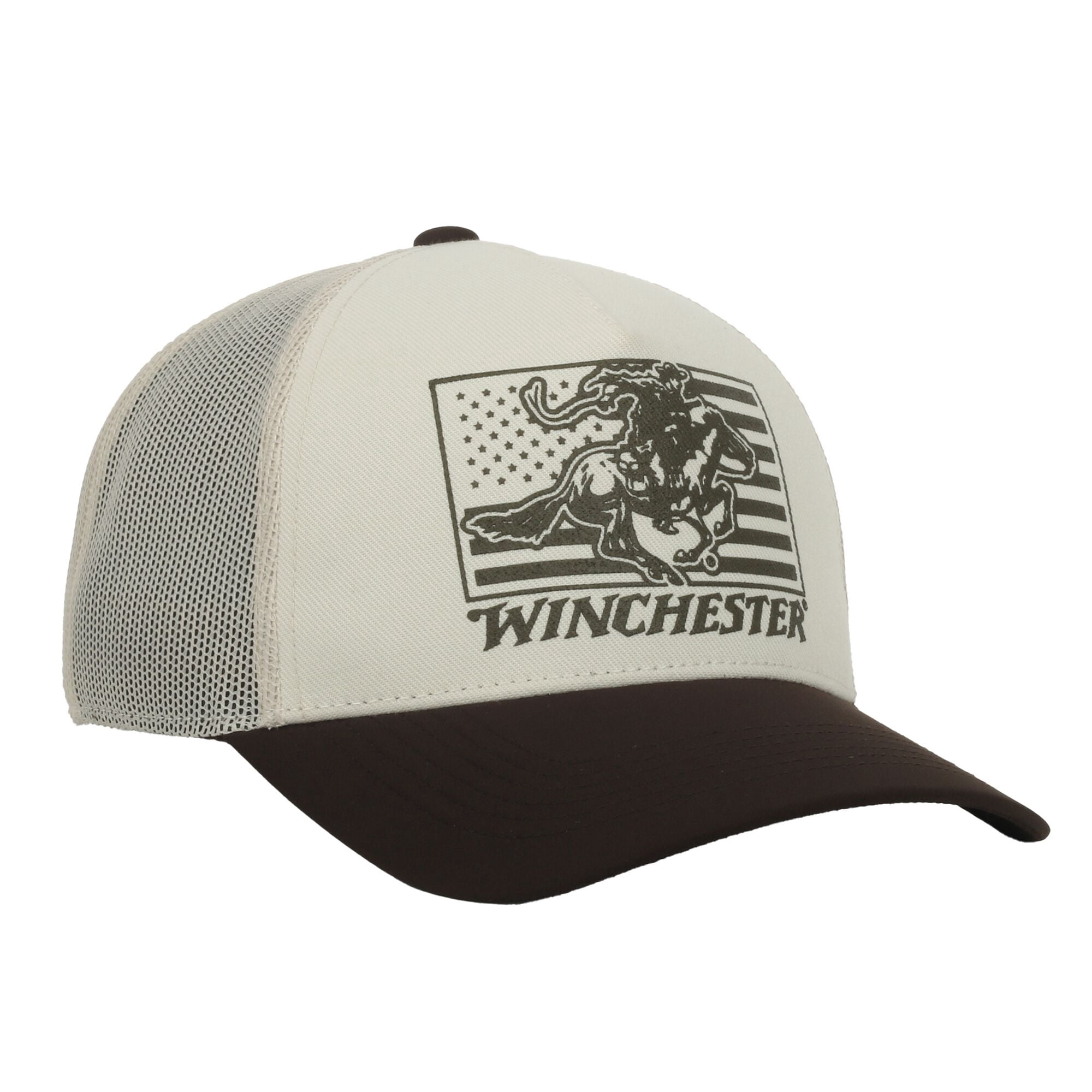 Winchester Structured 5-Panel Trucker Hat – American Flag Screen Print, Meshback Cap, Putty/Brown, One Size