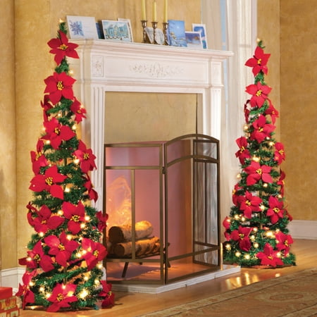 Collections Etc. Lighted Holiday Poinsettia Pull-Up Christmas Tree with Red Poinsettias, White Lights and