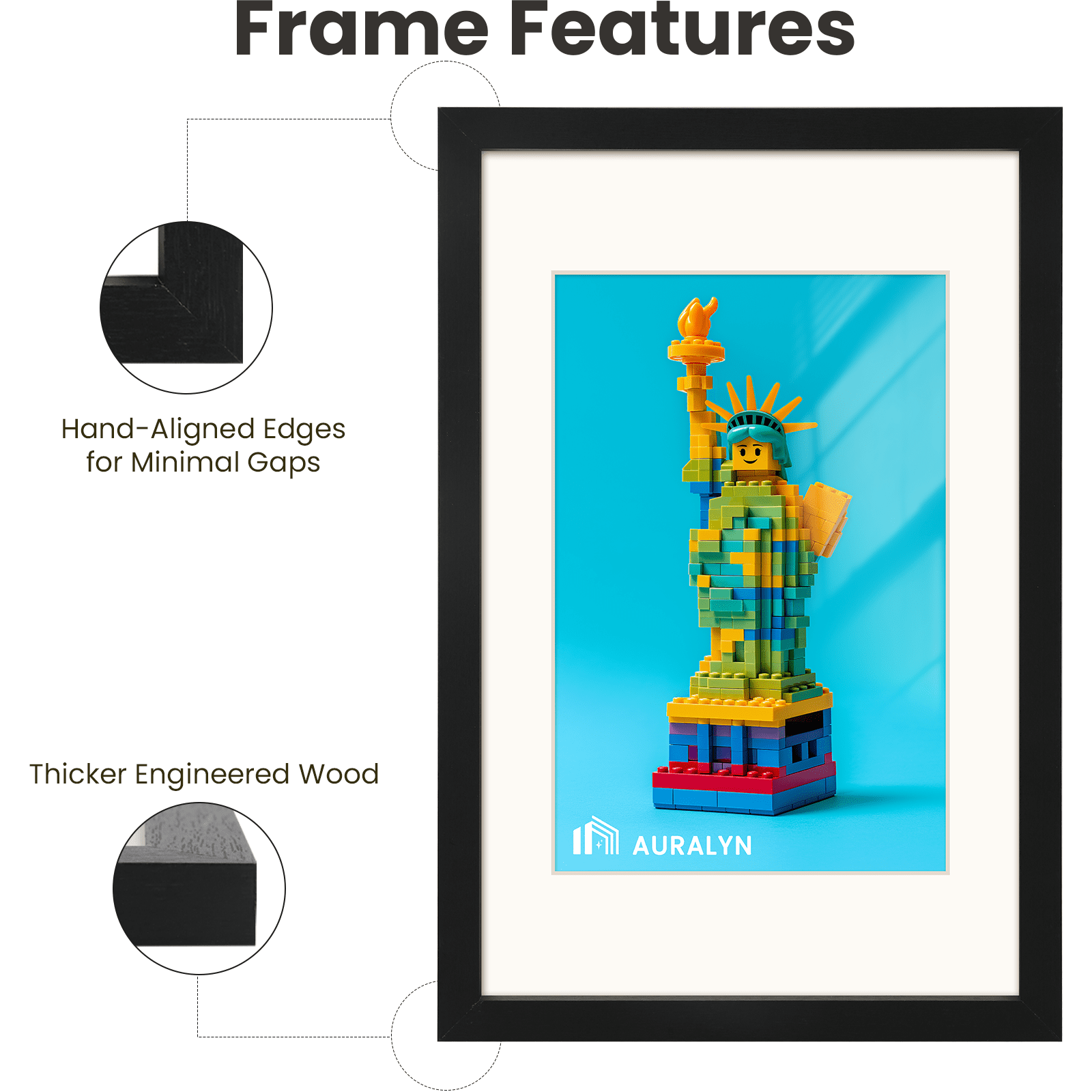 AURALYN 11x17 Picture Frames Set of 3 – Fits 8x12 with Mat or 11x17 Without Mat – Easy to Hang, Finger-Friendly, Includes Hanging Kit (Black Wood Grain, 3 Pack)