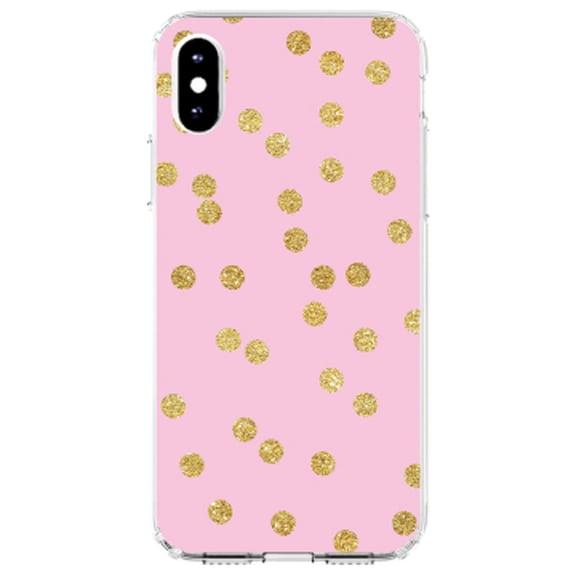 DistinctInk Clear Shockproof Hybrid Case for iPhone XR (6.1" Screen) - TPU Bumper, Acrylic Back, Tempered Glass Screen Protector - Pink & Gold Print - Polka Dots Pattern
