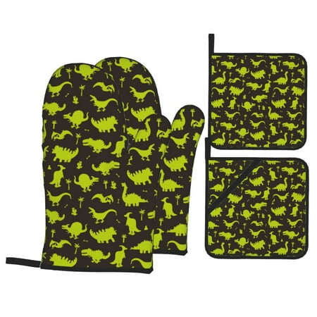 

Oven Mitts and Pot Holders 4 pcs Set Cute Dinosaurs K Heat Resistant Silicone Oven Mitts Pot Holders for Kitchen Baking Cooking Non-Slip Oven Gloves Hot Pads Potholders