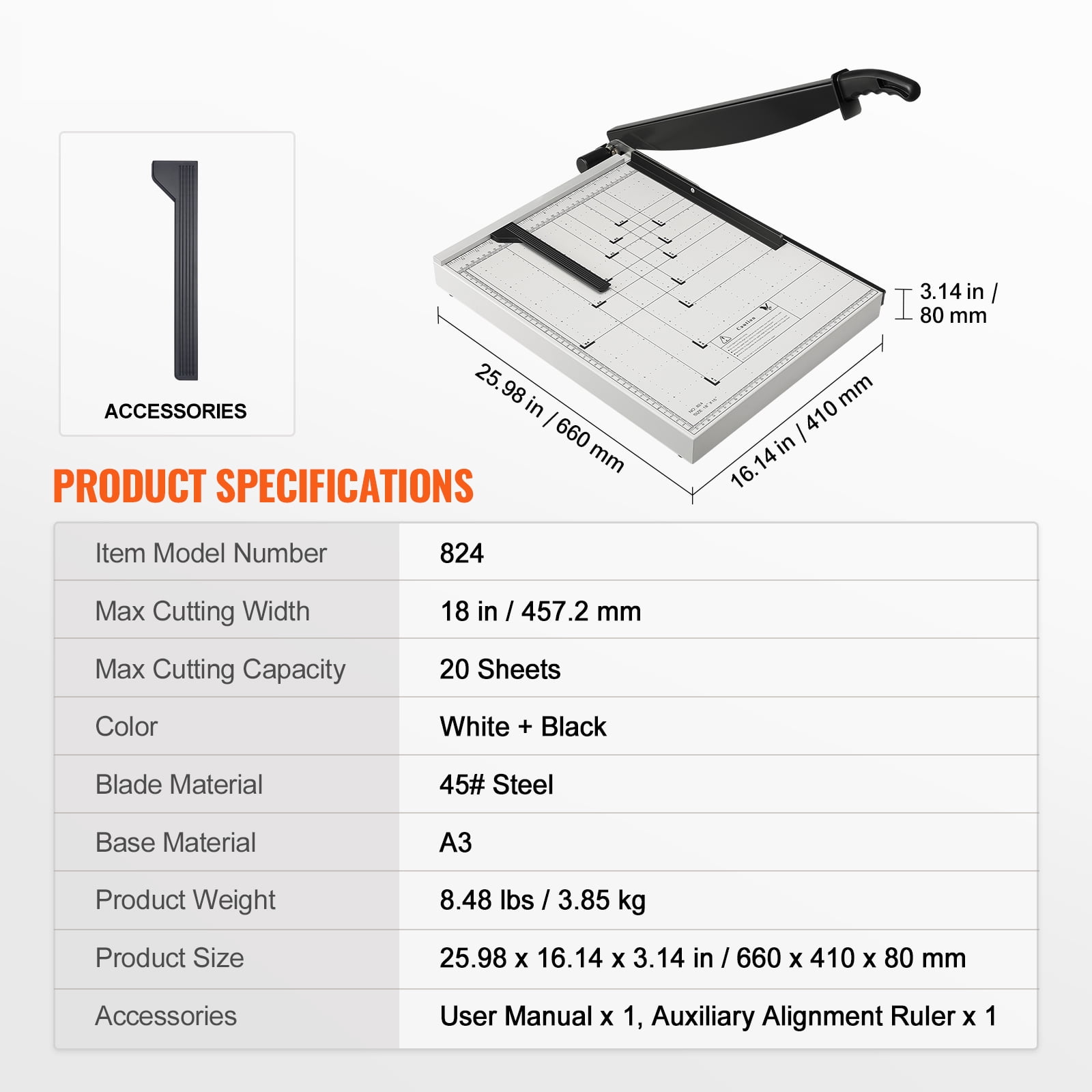 KFFKFF Paper Slicer, Guillotine Style Trimmer, 18" Cutting Distance, Can Handle 20 Pages, Robust Guillotine Style Paper Slicer with Safety Rail/Blade Secure System for Thick Paper/Cardboard