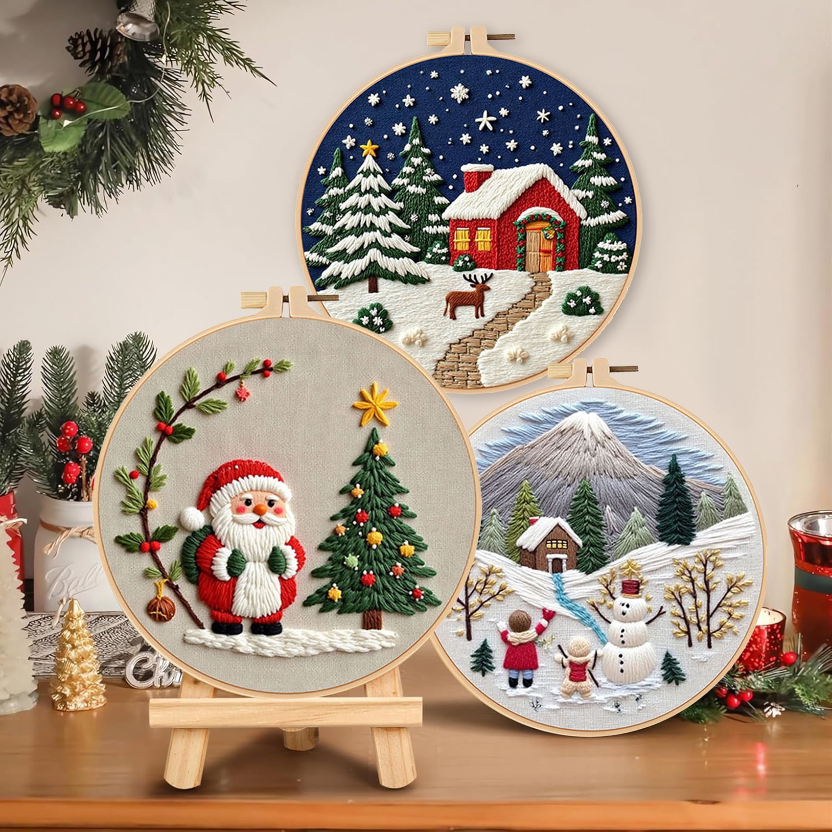 HVEST 4 Pack Christmas Embroidery Kit for Beginners - Santa Claus with Embroidery Pattern, Hoop, Complete Cross Stitch Supplies (Needle/Threads/Scissors) DIY Craft for Adults Sewing Hobby