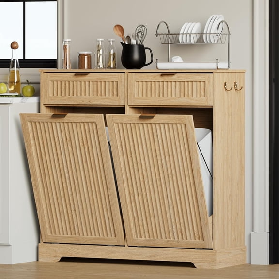 2 x 13 Gallons Double Tilt Out Trash Can Cabinet, Trash Cabinet,Natural Oak | Wooden Fluted Trash Garbage Can Cabinet with 2 Drawers, Hidden Laundry Hamper with Hooks for Kitchen Living Room