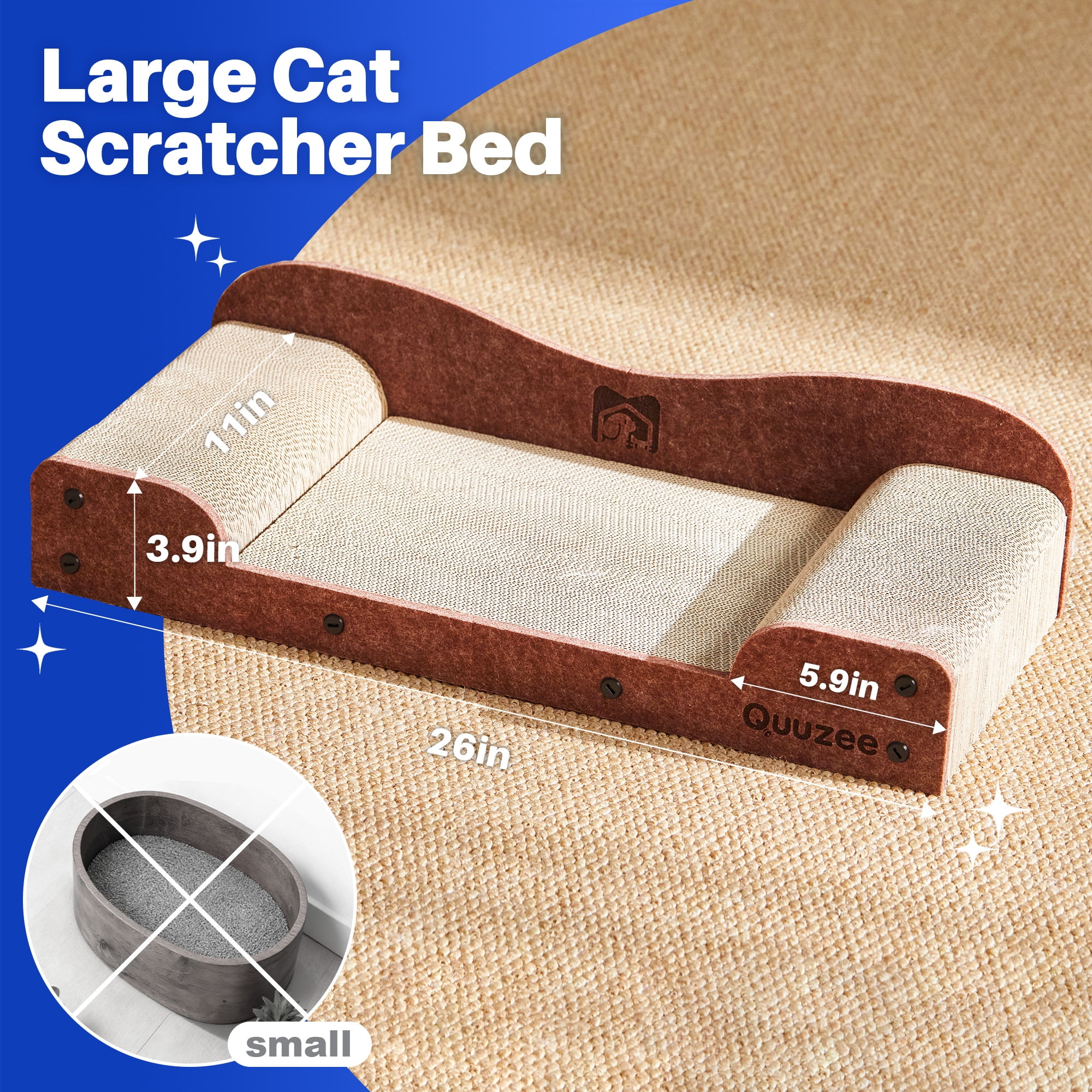 Quuzee 26-Inch Large Cat Scratcher Lounger Bed, Durable Cat Scratching Pad, Cat Scratch Board for Indoor Cats, Corrugated Cardboard Cat Scratcher Bed to Lounge and Scratch, Furniture Protector, Brown