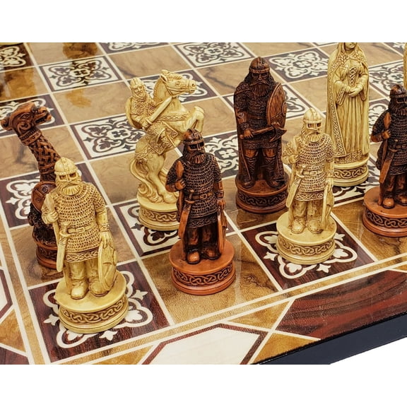Antique White Brown Norse Viking Chess Set 3 1/4 King 17" Burlwood Color Board